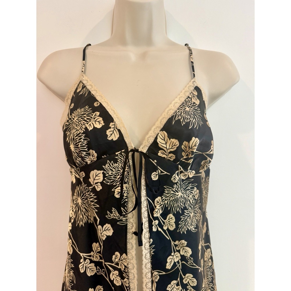 Victorias Secret Mini Slip Dress Open Tie Front Black Floral Satin Lace Sz S Y2K - Picture 10 of 11